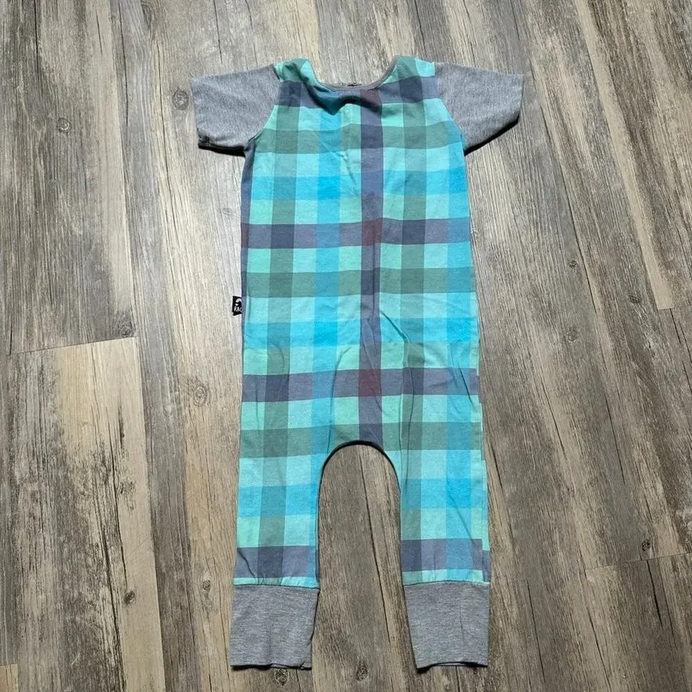 RAGS One-Piece Romper Blue Green Gray Checked Plaid 3/4T Cotton Stretch